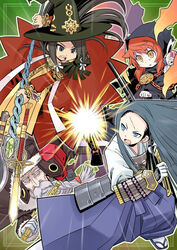  1boy 3girls armor artelinde_(sekaiju) bandana battle black_hair blue_eyes blue_hair commentary_request geta glowing hat japanese_armor japanese_clothes kimono long_sleeves magic minami_juujisei multiple_girls orange_hair photoshop_(medium) purple_eyes ren_(sekaiju) samurai sekaiju_no_meikyuu sekaiju_no_meikyuu_1 sekaiju_no_meikyuu_2 shaded_face sidelocks tabi tlachtga wilhelm_(sekaiju) witch_hat 