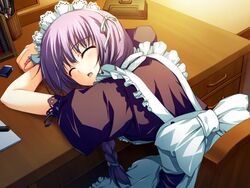  akatsuki_no_goei braid closed_eyes desk female maid purple_hair saliva sleeping solo tomose_shunsaku tsuki_(akatsuki_no_goei) 