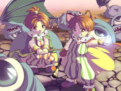  1boy bad_deviantart_id bad_id braid brother_and_sister brown_eyes brown_hair cape earrings female final_fantasy final_fantasy_iv jewelry lolicon magic monster niko_geyer palom ponytail porom short_hair siblings smile staff twins 