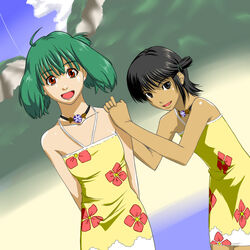  2girls :d ahoge bad_anatomy beach black_hair blush brown_eyes choker commentary_request crossover dark-skinned_female dark_skin day floral_print looking_at_viewer macross macross_frontier macross_zero mao_nome multiple_girls naiki_(z50j) ocean open_mouth outdoors ranka_lee red_eyes sand shore smile water 