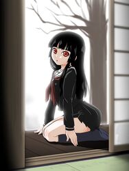  aru_ra_une black_hair black_serafuku black_skirt blunt_bangs commentary_request enma_ai female hime_cut jigoku_shoujo kneeling long_hair red_eyes school_uniform serafuku skirt solo 