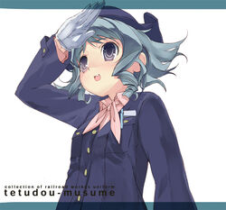  :d arm_up ascot blazer blue_eyes blue_hair drill_hair female flat_chest fuji_kyuko gloves hat jacket kitano_yuusuke letterboxed looking_away name_tag ootsuki_miina open_mouth pen photoshop_(medium) salute short_hair simple_background smile solo tetsudou_musume train_attendant travel_attendant uniform upper_body white_background white_gloves 