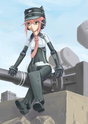  busou_shinki doll_joints female hat headphones joints murmeltier necktie pink_hair solo ugai_yuichi 