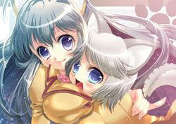  2girls animal_ears blue_eyes breast_press breasts ezomori_nozomu fox_ears hug kanokon large_breasts minamoto_chizuru multiple_girls photoshop_(medium) purple_eyes school_uniform shuuko silver_hair tail wolf_ears 