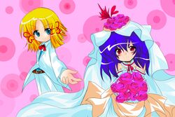  2girls blonde_hair bride buuwa commentary_request dress formal moriya_suwako multiple_girls pant_suit pants purple_hair ribbon suit touhou wedding_dress yasaka_kanako 