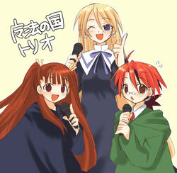  1boy 2girls :d ;d ahoge anya_cocolova blonde_hair brown_hair glasses harmonia long_hair mahou_sensei_negima! microphone multiple_girls negi_springfield nekane_springfield one_eye_closed open_mouth pince-nez red_eyes red_hair short_ponytail simple_background smile sweatdrop translated tsurime twintails 