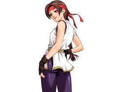  :p ass back braid brown_eyes brown_hair dougi female fingerless_gloves gloves headband highres long_hair looking_back nakano_tomokazu official_art ryuuko_no_ken sash single_braid solo spandex standing the_king_of_fighters the_king_of_fighters_neowave tongue tongue_out yuri_sakazaki 