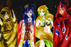  3boys absurdly_long_hair artist_request bad_anatomy barbariccia bikini blonde_hair cagnazzo cloak crown female final_fantasy final_fantasy_iv green_eyes hat hood loincloth long_hair multiple_boys rubicante scarmiglione swimsuit very_long_hair 