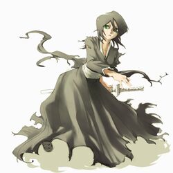  aguhari bad_id bad_pixiv_id black_hair bleach female green_eyes katana kuchiki_rukia short_hair solo sword torn_clothes weapon 