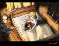  1boy bed bug butterfly cabin cousins female imageboard_desourced lamp letterboxed mahou_sensei_negima! negi_springfield nekane_springfield non-web_source photoshop_(medium) sleeping 