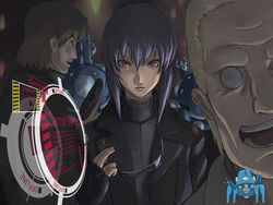  2boys bad_id bad_pixiv_id batou_(gits) blonde_hair brown_hair choker cyberpunk cyborg female fingerless_gloves ghost_in_the_shell ghost_in_the_shell_stand_alone_complex gloves gun handgun heads-up_display holographic_interface jacket kusanagi_motoko mecha multiple_boys purple_hair red_eyes robot sunglasses tachikoma tea_(nakenashi) togusa_(gits) upper_body weapon 