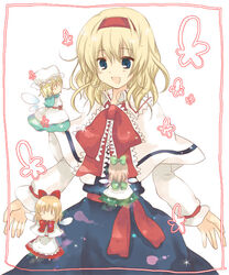  :d akarino_(yucco) alice_margatroid bad_id bad_pixiv_id blonde_hair blue_dress blue_eyes blush bow bowtie brown_hair capelet doll dress female flying long_sleeves open_mouth red_bow red_bowtie shanghai_doll short_hair simple_background size_difference smile solo touhou white_background 