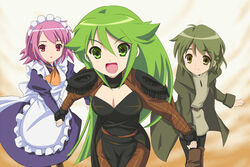  2girls breasts cleavage commentary_request green_eyes green_hair johan long_hair maid medium_breasts multiple_girls parody pheles piku pink_hair red_eyes shakugan_no_shana short_hair suzumiya_haruhi_no_yuuutsu third-party_edit wilhelmina_carmel 