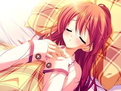  akisato_manaka bed blush closed_eyes female game_cg long_hair munyuu pajamas pillow purely_(game) red_hair sleeping solo 