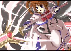  brown_hair commentary_request female lowres lyrical_nanoha mahou_shoujo_lyrical_nanoha mahou_shoujo_lyrical_nanoha_a&#039;s purple_eyes raising_heart raising_heart_(exelion_mode) shin&#039;ya_(nanp) solo takamachi_nanoha takamachi_nanoha_(sacred_mode) 