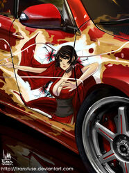  black_hair breasts car cleavage female itasha ivan_flores japanese_clothes kurenai_(red_ninja) large_breasts motor_vehicle red_ninja solo sports_car vehicle_focus 