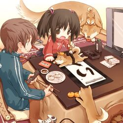  1boy animal animal_on_head brown_hair calligraphy calligraphy_brush canine chibi chopsticks commentary_request controller cushion dog_on_head female food food_on_head fruit fruit_on_head game_controller hair_bobbles hair_ornament holding holding_chopsticks ink_bottle inkstone kotatsu lolicon mandarin_orange multiple_dogs nengajou_(object) object_on_head on_head original paintbrush playstation_controller sakura_misaki_(sakura_densetsu) shiba_inu sweatdrop table television twintails zabuton zaisu 