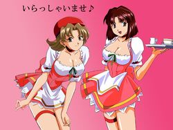  2girls apron breasts brown_hair choker cleavage closed_mouth hat imageboard_desourced jpeg_artifacts large_breasts leaning_forward light_brown_hair looking_at_viewer multiple_girls non-web_source parted_bangs red_headwear sakakibara_yuri sakura_taisen short_hair smile takamura_tsubaki thigh_strap tray waitress 