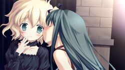  2girls angelina_rocca aqua_eyes aqua_hair belle_(katahane) blonde_hair blush child_on_child choker closed_eyes cosplay efa efa_(cosplay) embarrassed fue_(tsuzuku) hair_ribbon katahane kissing lolicon long_hair multiple_girls non-web_source one_side_up ribbon short_hair yuri 