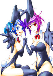  2girls animal_ears blue_eyes blue_hair blush breasts copyright_request fake_animal_ears ihara_natsume long_hair multiple_girls playboy_bunny purple_hair rabbit_ears red_eyes tail thighhighs 