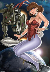  1980s_(style) animal_ears armor bare_shoulders black_bow black_bowtie black_footwear bow bowtie breasts cleavage daicon daicon_bunny_girl daicon_iii daicon_iv detached_collar earth_(planet) fake_animal_ears female floating flying high_heels large_breasts lens_flare leotard mecha open_mouth pantyhose planet playboy_bunny power_armor rabbit_ears rabbit_tail red_leotard retro_artstyle robot science_fiction solo space star_(symbol) starship_troopers strapless strapless_leotard surfing sword_surfing tail tsukasa_jun uchuu_no_senshi white_pantyhose wrist_cuffs 