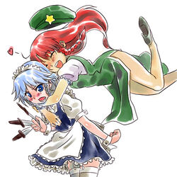  2girls apron beret between_fingers blue_eyes blush braid closed_eyes commentary_request eyebrows frilled_apron frilled_skirt frills garter_straps grey_hair hat hat_ornament heart high_heels holding holding_knife hong_meiling hug hug_from_behind humiu izayoi_sakuya knife long_hair maid_headdress multiple_girls open_mouth puffy_short_sleeves puffy_sleeves red_hair shoes short_sleeves skirt star_(symbol) star_hat_ornament thighhighs touhou twin_braids unworn_hat unworn_headwear waist_apron white_legwear wrist_cuffs 