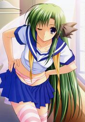  absurdres female green_hair highres long_hair official_art one_eye_closed panties really?_really! ribbon school_uniform shigure_asa shuffle! solo striped_clothes striped_panties striped_thighhighs suzuhira_hiro thighhighs underwear undressing 