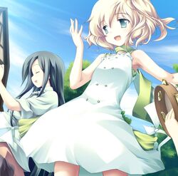  2girls angelina_rocca aqua_eyes aqua_hair armpits belle_(katahane) blonde_hair closed_eyes day dress flat_chest fue_(tsuzuku) green_scarf happy instrument katahane long_hair multiple_girls music non-web_source outdoors scarf short_hair singing sky tambourine very_long_hair 