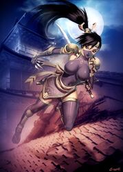  black_hair breasts cloud commentary english_commentary female full_body full_moon genzoman holding holding_weapon katana large_breasts legs long_hair long_legs mask mitos_y_leyendas moon night night_sky ninja photoshop_(medium) ponytail signature skin_tight skirt sky solo sword thighhighs thighs weapon 