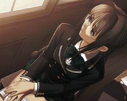  book brown_hair female glasses hiruda_reia long_hair purple_eyes school_uniform shining_(series) shining_wind sitting solo tony_taka 