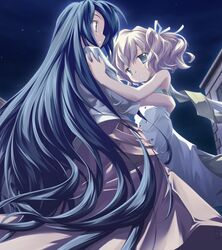  2girls angelina_rocca aqua_eyes aqua_hair belle_(katahane) blonde_hair blush dress flat_chest fue_(tsuzuku) hair_ribbon hug katahane long_hair multiple_girls night night_sky non-web_source outdoors ribbon scarf short_hair skirt sky sleeves_rolled_up very_long_hair yuri 