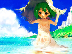  :d bare_arms bare_shoulders beach blue_sky blush chinchickrin cliff cloud collarbone covered_navel cowboy_shot day dress female flat_chest green_hair hand_on_headwear hat looking_at_viewer macross macross_frontier no_bra ocean open_mouth outdoors photoshop_(medium) ranka_lee red_eyes see-through short_hair short_twintails sky sleeveless sleeveless_dress smile solo spaghetti_strap standing straw_hat sun_hat sundress twintails wading water 