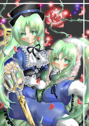  2girls commentary cosplay english_commentary green_hair higurashi_no_naku_koro_ni kodona lolita_fashion multiple_girls parody photoshop_(medium) rozen_maiden siblings sisters sonozaki_mion sonozaki_shion souseiseki souseiseki_(cosplay) suiseiseki suiseiseki_(cosplay) trait_connection twins water-color 