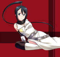  black_hair blue_eyes breasts cleavage commentary_request female highres long_hair medium_breasts nakatsukasa_tsubaki natsukon photoshop_(medium) ponytail solo soul_eater thighhighs 