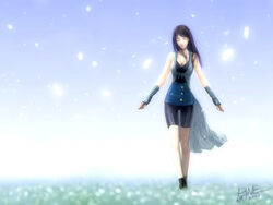  arm_warmers bike_shorts black_hair blue_arm_warmers boots breasts button_up_skirt cleavage closed_eyes commentary female field final_fantasy final_fantasy_viii flower gloves highres jayun large_breasts pencil_skirt petals rinoa_heartilly skirt sleeveless_duster solo walking zipper 