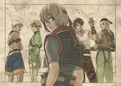  2girls 3boys :d :o armband back belt black_eyes black_hair blonde_hair blue_eyes cloud crop_top elf facial_mark flat_chest forehead_mark from_behind gensou_suikoden gensou_suikoden_iv green_eyes green_thighhighs grey_hair headband highres hood hoodie jacket jewel_(suikoden) kawano_junko keneth_(suikoden) lazlo_(suikoden) lineup looking_at_viewer looking_back multiple_boys multiple_girls official_art open_mouth outdoors pants paula_(suikoden) pointy_ears ponytail scan short_hair shorts sky smile standing tal_(suikoden) thighhighs vest waving white_hair 