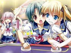  3girls ^_^ air_hockey air_hockey_mallet arcade arm_up blonde_hair blue_eyes celes_alford clenched_teeth closed_eyes game_cg green_hair inui_miri multiple_girls natsumegu nojima_hotori pink_hair red_eyes school_uniform shouting skirt teeth tsukasa_yuuki twintails 