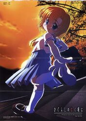  absurdres bag copyright_name female highres higurashi_no_naku_koro_ni looking_back nekorin open_mouth pleated_skirt reaching ryuuguu_rena ryuukishi07_(style) school_uniform serafuku skirt solo sunset 