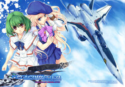  2girls blonde_hair blue_eyes green_hair kirishima_satoshi long_hair macross macross_frontier multiple_girls panties photoshop_(medium) ranka_lee red_eyes saint_mary&#039;s_academy_school_uniform school_uniform sheryl_nome smile thighhighs underwear 