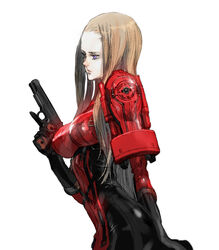  armor blonde_hair blue_eyes bodysuit breasts expressionless female from_side gun handgun highres holding holding_gun holding_weapon large_breasts long_hair m1911 masao_tsubasa metal_gear_(series) metal_gear_acid metal_gear_acid_2 official_art pauldrons photoshop_(medium) profile shoulder_armor simple_background skin_tight solo trigger_discipline upper_body venus_(mga) weapon white_background 