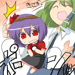  2girls chibi commentary_request green_hair kochiya_sanae long_hair morino_harifu multiple_girls purple_hair short_hair touhou yasaka_kanako 