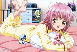  4girls absurdres barefoot blush feet flat_chest guardian_chara highres hinamori_amu imageboard_desourced lying matsumoto_takuya megami_magazine miki_(shugo_chara!) multiple_girls non-web_source official_art pajamas photoshop_(medium) pink_hair ran_(shugo_chara!) scan shugo_chara! smile soles suu_(shugo_chara!) yellow_eyes 