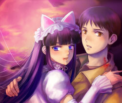  1boy animal_ears black_hair blood blue_eyes cat_ears couple dress female gothic_lolita hazuki_(tsukuyomi) lolita_fashion long_hair morioka_kouhei purple_hair smile straight tetsukuzu_tetsuko tsukuyomi_moonphase yellow_eyes 