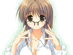  adjusting_eyewear ahoge amazuyu_tatsuki breasts brown_eyes brown_hair comic_party female glasses large_breasts long_hair makimura_minami photoshop_(medium) solo 