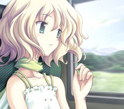  belle_(katahane) blonde_hair camisole female fue_(tsuzuku) game_cg green_eyes green_scarf katahane scarf short_hair solo train_interior window 