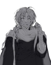  1boy ahoge bandages braid closed_eyes gintama greyscale hair_over_shoulder kamui_(gintama) kusumori_shiba male_focus monochrome scarf single_braid sketch smile solo white_background 