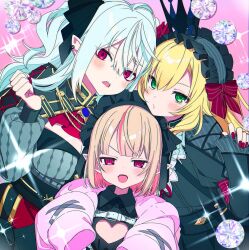  1boy 2girls black_dress blonde_hair blunt_bangs blush bow breasts brown_hair chest_harness cleavage cleavage_cutout clothing_cutout collared_dress colored_inner_hair crossdressing crown dress ear_piercing fangs flat_chest flower frilled_dress frilled_hairband frills fuubuu genderswap_(mtf) gothic_lolita green_eyes hair_between_eyes hairband hairbow harness heart_cutout highres jacket juliet_sleeves lolita_fashion long_hair long_sleeves looking_at_viewer maid_headdress makaino_ririmu makaino_ririmu_(5th_costume) mandarin_collar multicolored_hair multiple_girls nail_polish nijisanji official_alternate_costume official_alternate_hair_length official_alternate_hairstyle open_mouth otoko_no_ko parted_bangs piercing pink_background pink_eyes pink_hair pink_jacket pointy_ears puckered_lips puffy_long_sleeves puffy_sleeves red_eyes red_nails rose rule_63 sanya_(kuzuha) sharp_teeth short_hair sleeves_past_fingers sleeves_past_wrists smile straight_hair streaked_hair teeth two-tone_hair two_side_up upper_teeth_only uzuki_kou uzuki_kou_(4th_costume) v-shaped_eyebrows very_long_hair wavy_hair white_hair wide_sleeves 