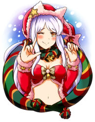  ;) \m/ bandeau bell blush bow breasts cleavage closed_mouth detached_sleeves eve_santaclaus female fur-trimmed_headwear fur-trimmed_sleeves fur_trim hands_up hat hat_ornament idolmaster idolmaster_cinderella_girls long_hair long_sleeves medium_breasts navel one_eye_closed red_bandeau red_hat red_sleeves scarf simple_background smile solo star_(symbol) star_hat_ornament striped_bow striped_clothes striped_scarf torako_(toramaru) very_long_hair white_background white_hair yellow_eyes 