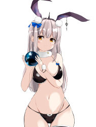  absurdres animal_ears arm_between_breasts between_breasts bikini black_bikini blue_bow blush bow breasts closed_mouth commentary_request cowboy_shot crystal_ball female frilled_bikini frills grey_hair highres kaavi large_breasts long_hair looking_at_viewer lowleg lowleg_bikini mahjong_soul navel neck_fur negetsu rabbit_ears rabbit_girl simple_background smile solo swimsuit white_background yellow_eyes 