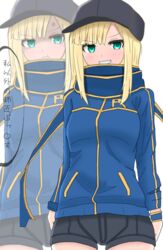  :t anger_vein artoria_pendragon_(fate) atsumisu bad_id bad_pixiv_id baseball_cap black_headwear black_shorts blonde_hair blue_jacket blue_scarf blush breasts closed_mouth commentary_request cosplay cowboy_shot fate/grand_order fate_(series) female green_eyes grin hat jacket long_hair lord_el-melloi_ii_case_files multiple_views mysterious_heroine_x_(fate) mysterious_heroine_x_(fate)_(cosplay) pout reines_el-melloi_archisorte scarf short_shorts shorts simple_background small_breasts smile translation_request v-shaped_eyebrows white_background wristband zoom_layer 